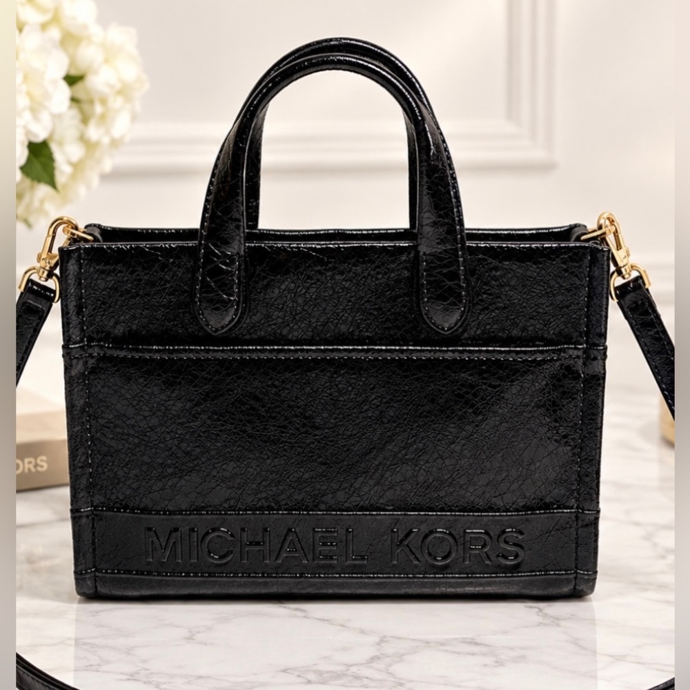 MICHAEL KORS GIGI Small Black Tote Bag Embossed Logo Gold Hardware Fall Classic